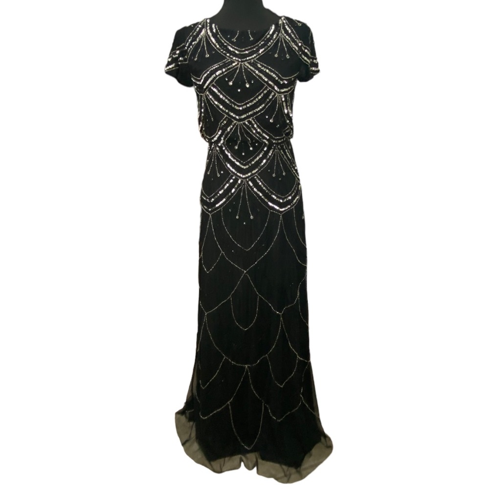 Adrianna Papell Black and Silver Beaded Blouson Formal Gown